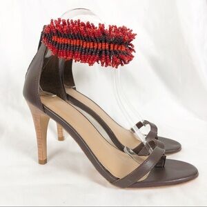 Ulla Johnson Kassia Beaded Open Round Toe Sandal Heels Size 37 Brown Red Summer